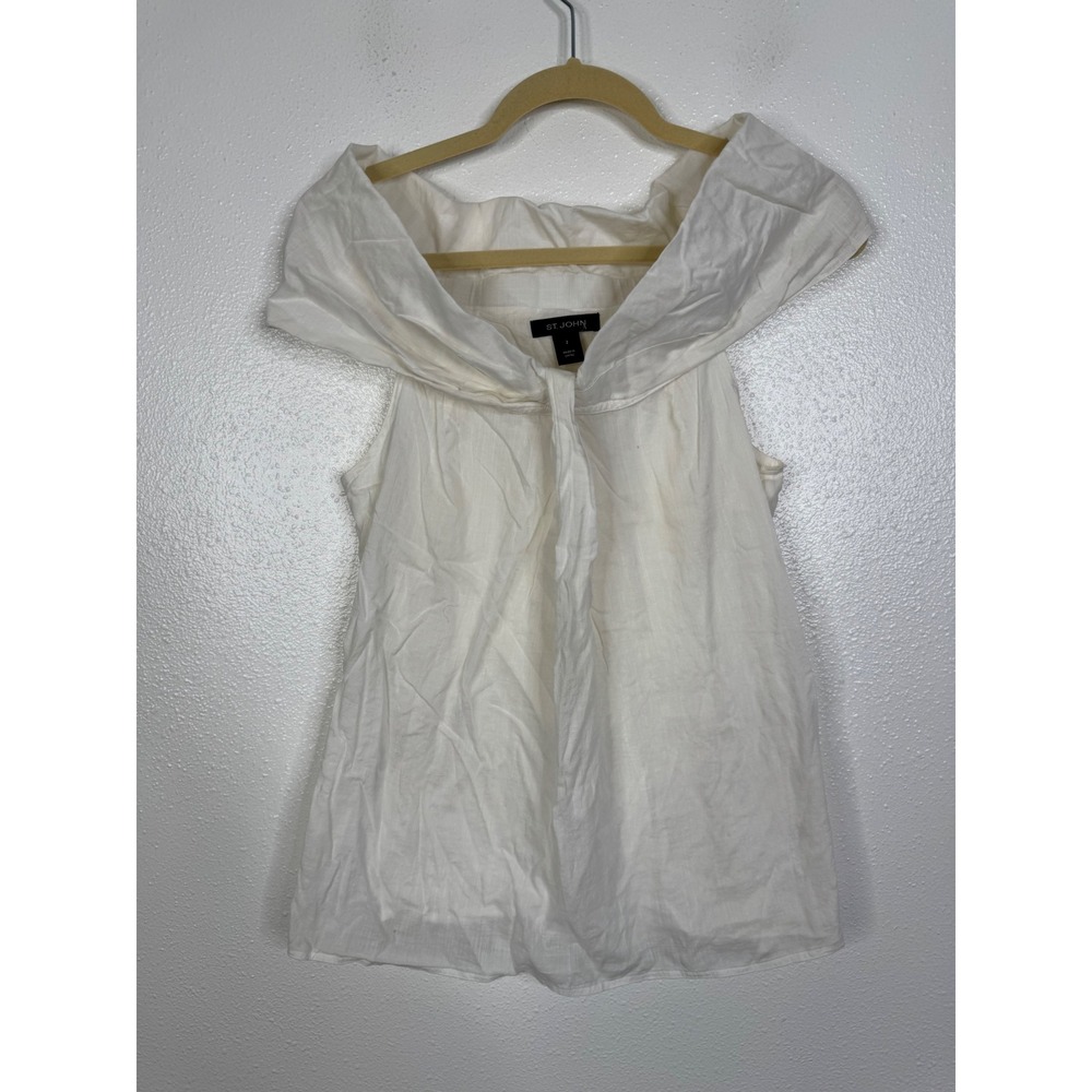 St. John White Cotton Off The Shoulder Portrait Neck Blouse Top Size 2 SP12 GRP2